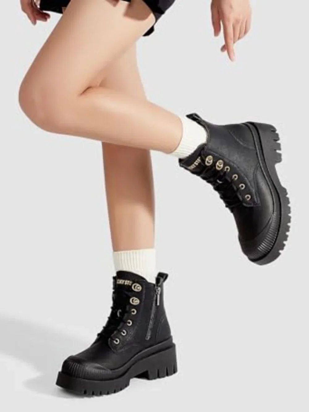 Vegan Leather Platform Ankle Boots with Side Zipper and Lug Sole